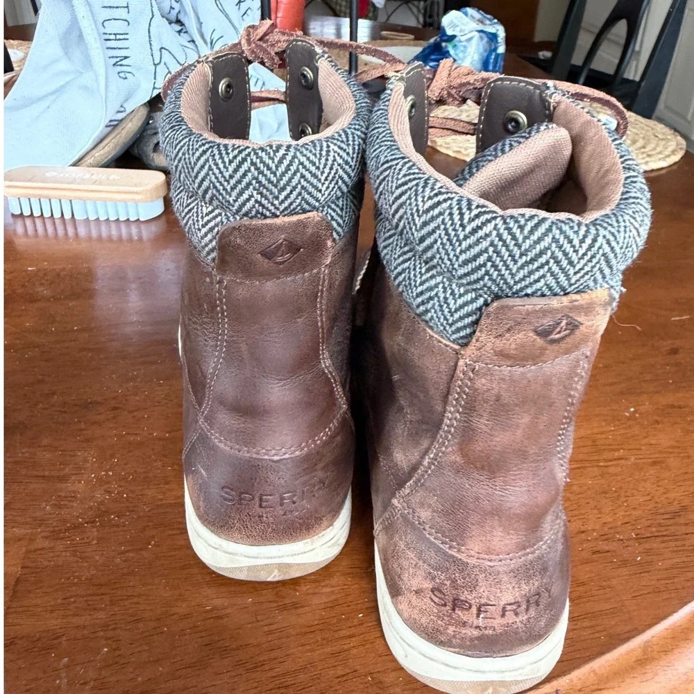 Sperry Bayfish Brown Leather Lace Up Moc Toe Ankle Boot Herringbone Women 8.5 M